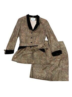 Vintage Rickie Freeman Skirt Suit Sz 8 100% Wool Brown Belted Brocade Womens